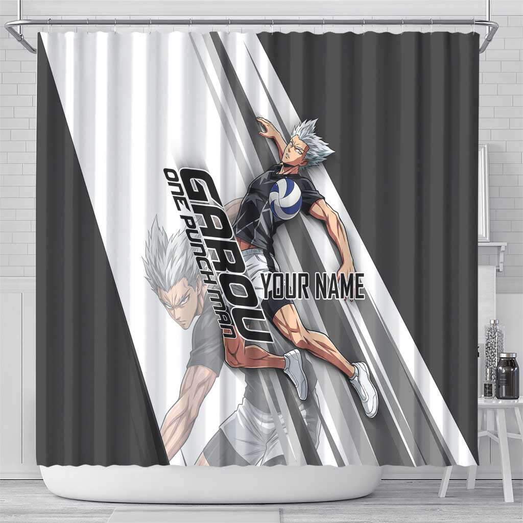 Personalized Garou Volleyball Action Design Shower Curtain with Monochrome Stripes and Dynamic Pose