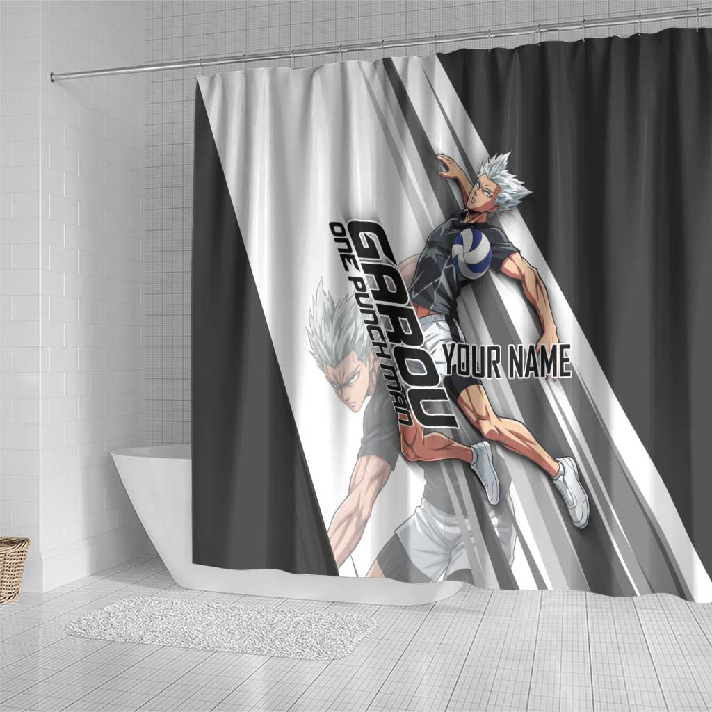 Personalized Garou Volleyball Action Design Shower Curtain with Monochrome Stripes and Dynamic Pose