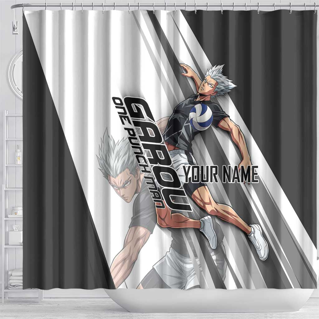 Personalized Garou Volleyball Action Design Shower Curtain with Monochrome Stripes and Dynamic Pose