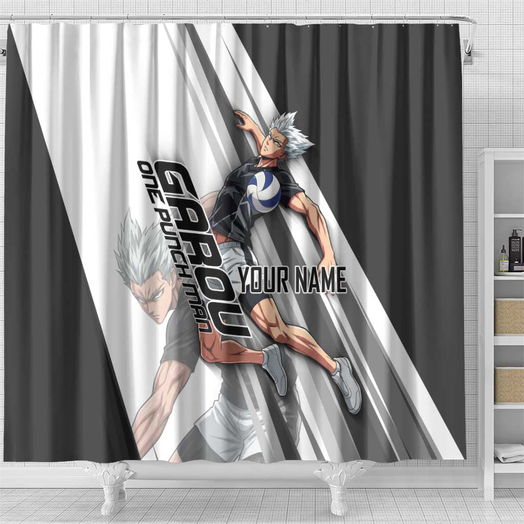 Personalized Garou Volleyball Action Design Shower Curtain with Monochrome Stripes and Dynamic Pose