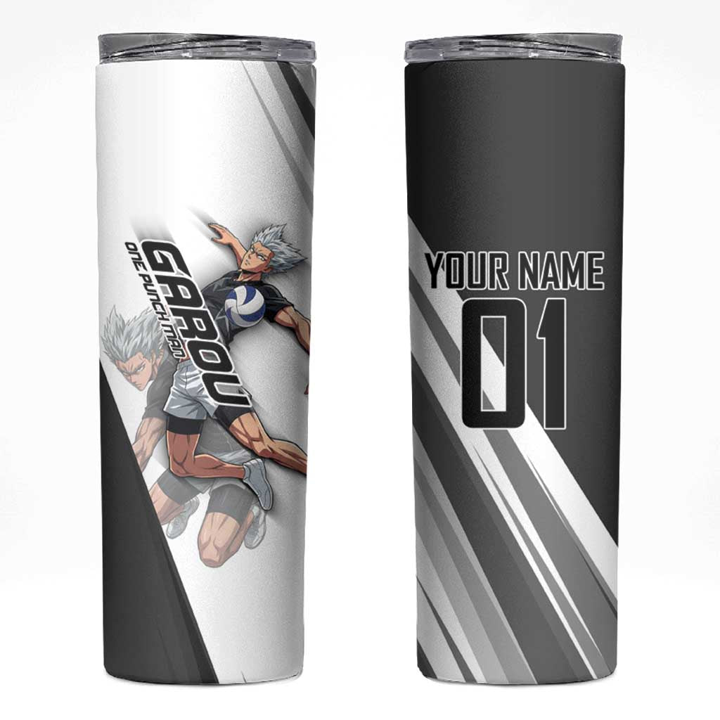Personalized Garou Volleyball Action Design Skinny Tumbler with Monochrome Stripes and Dynamic Pose