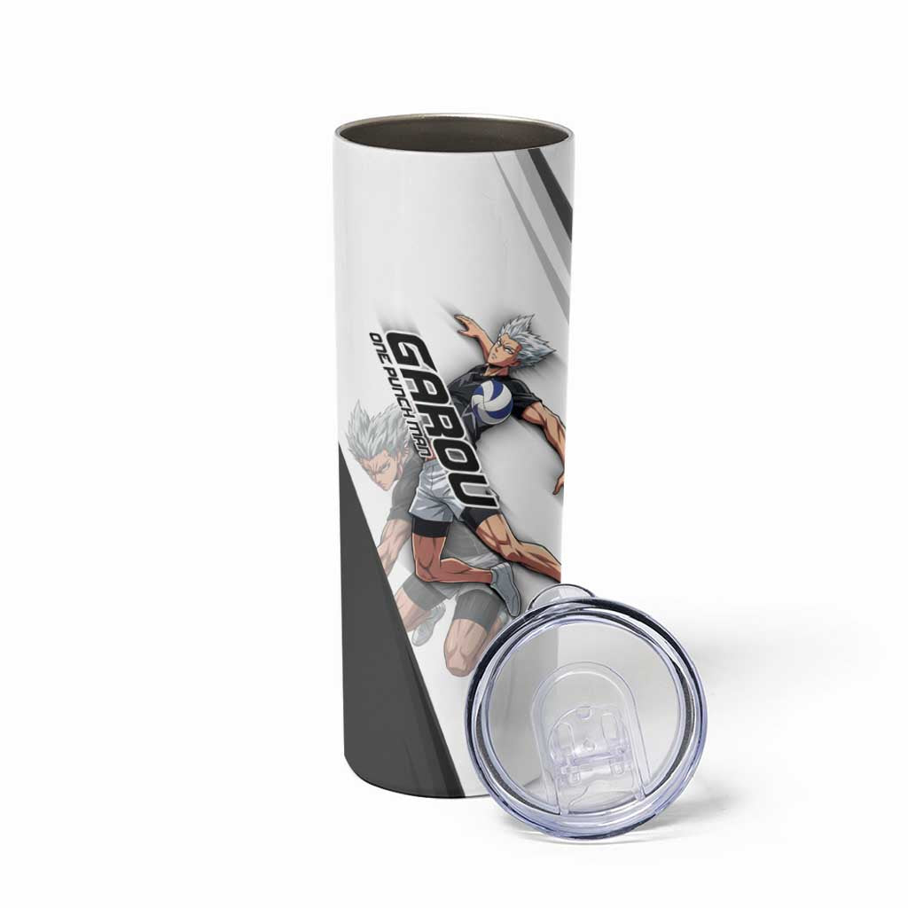 Personalized Garou Volleyball Action Design Skinny Tumbler with Monochrome Stripes and Dynamic Pose