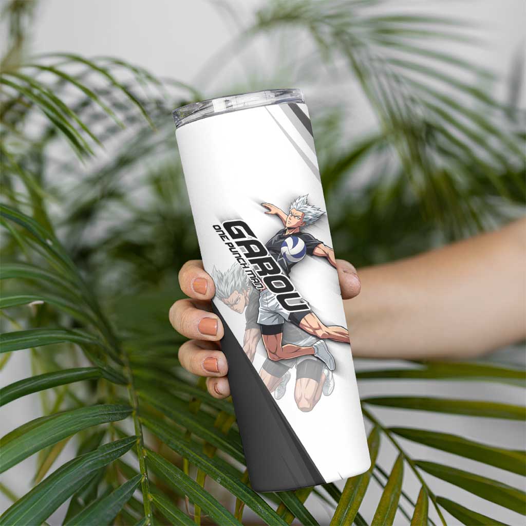 Personalized Garou Volleyball Action Design Skinny Tumbler with Monochrome Stripes and Dynamic Pose
