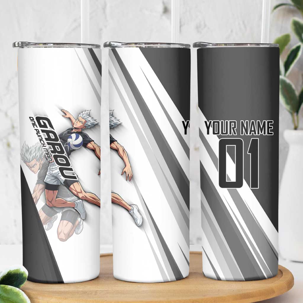 Personalized Garou Volleyball Action Design Skinny Tumbler with Monochrome Stripes and Dynamic Pose