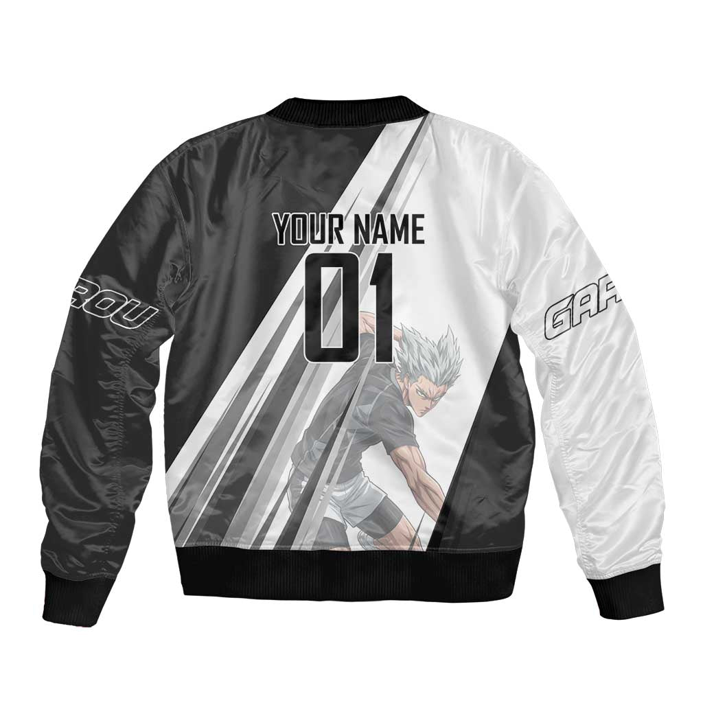 Personalized Garou Volleyball Action Design Sleeve Zip Bomber Jacket with Monochrome Stripes and Dynamic Pose