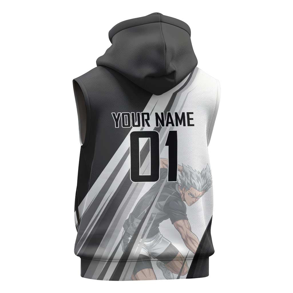 Personalized Garou Volleyball Action Design Sleeveless Hoodie with Monochrome Stripes and Dynamic Pose