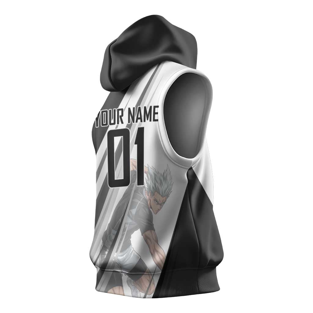Personalized Garou Volleyball Action Design Sleeveless Hoodie with Monochrome Stripes and Dynamic Pose