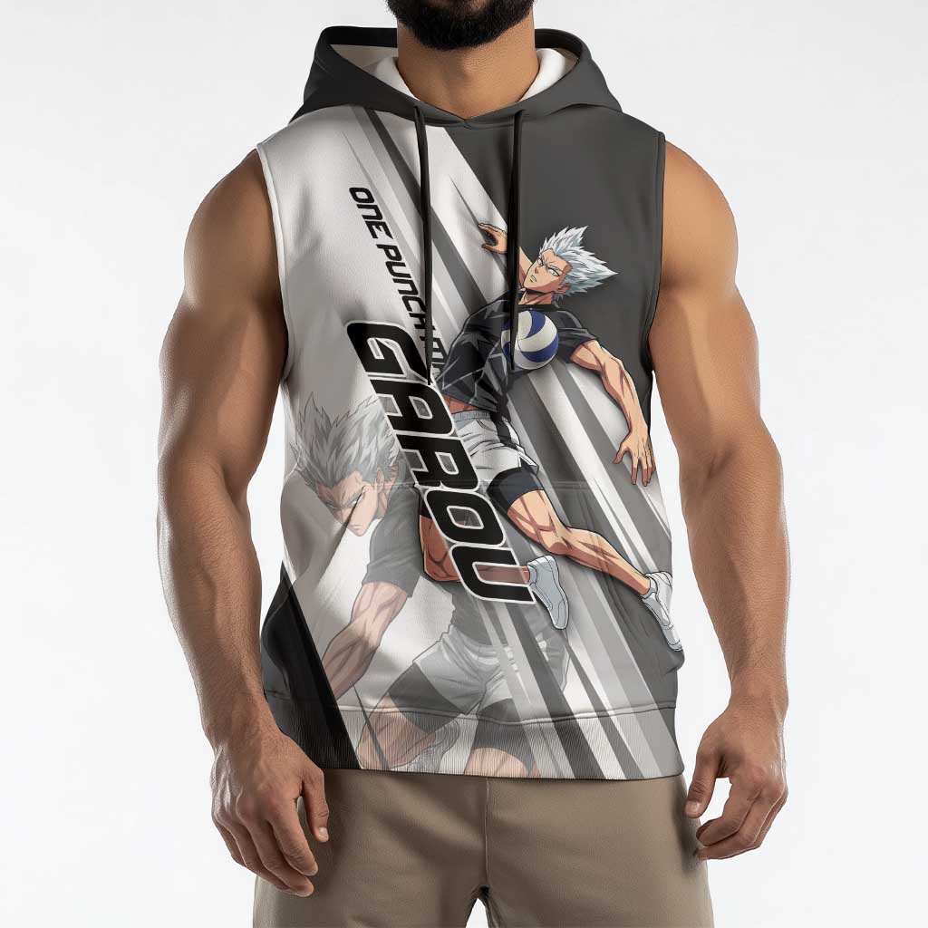 Personalized Garou Volleyball Action Design Sleeveless Hoodie with Monochrome Stripes and Dynamic Pose