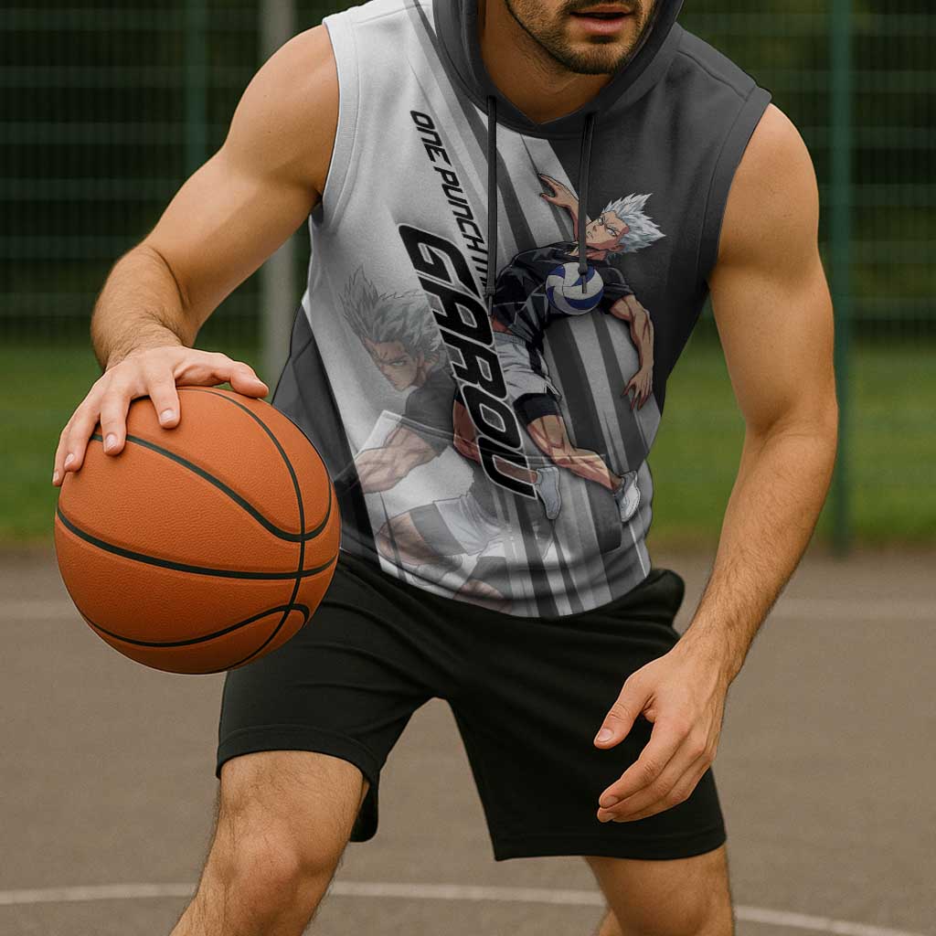 Personalized Garou Volleyball Action Design Sleeveless Hoodie with Monochrome Stripes and Dynamic Pose