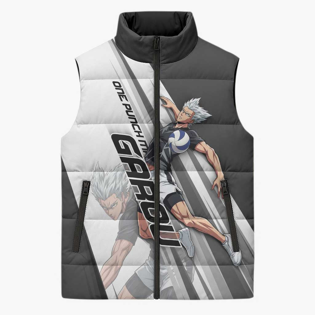 Personalized Garou Volleyball Action Design Sleeveless Puffer Jacket with Monochrome Stripes and Dynamic Pose