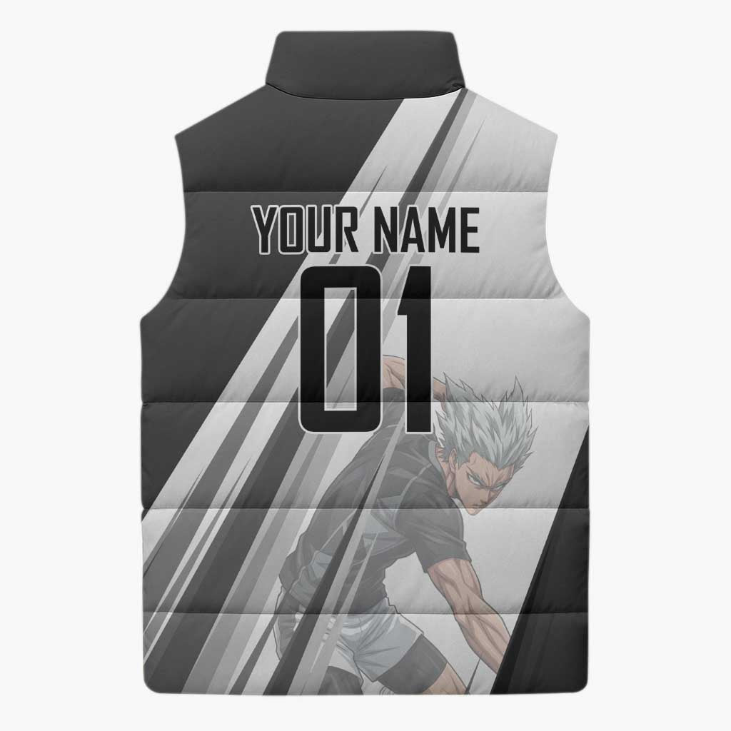 Personalized Garou Volleyball Action Design Sleeveless Puffer Jacket with Monochrome Stripes and Dynamic Pose
