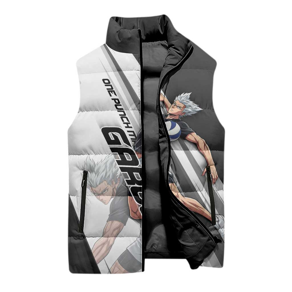 Personalized Garou Volleyball Action Design Sleeveless Puffer Jacket with Monochrome Stripes and Dynamic Pose