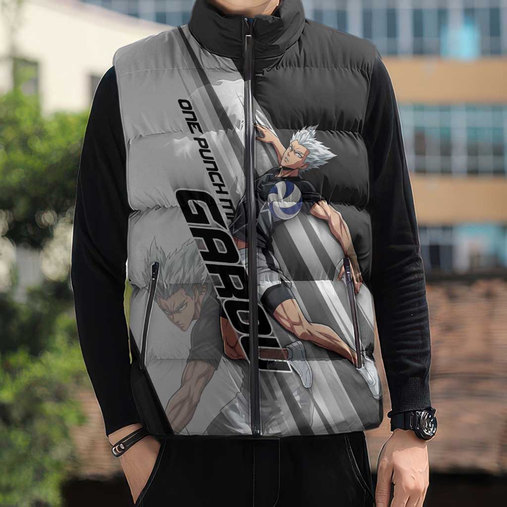 Personalized Garou Volleyball Action Design Sleeveless Puffer Jacket with Monochrome Stripes and Dynamic Pose