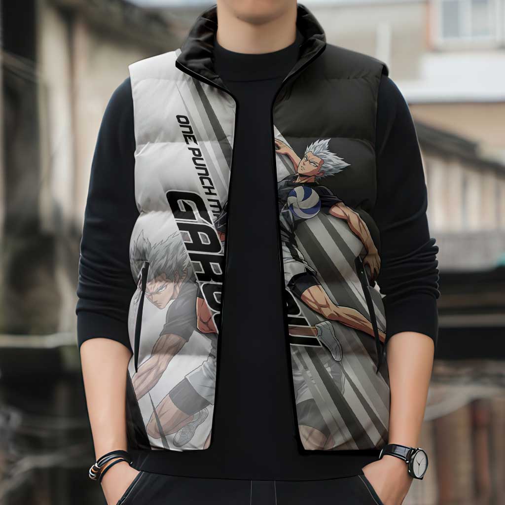 Personalized Garou Volleyball Action Design Sleeveless Puffer Jacket with Monochrome Stripes and Dynamic Pose