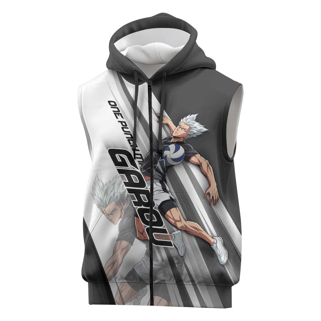 Personalized Garou Volleyball Action Design Sleeveless Zip Hoodie with Monochrome Stripes and Dynamic Pose