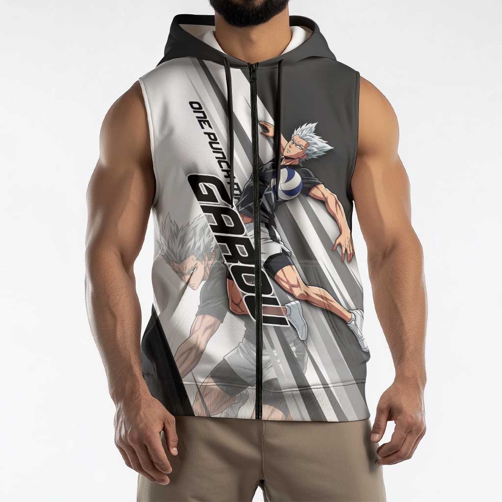Personalized Garou Volleyball Action Design Sleeveless Zip Hoodie with Monochrome Stripes and Dynamic Pose