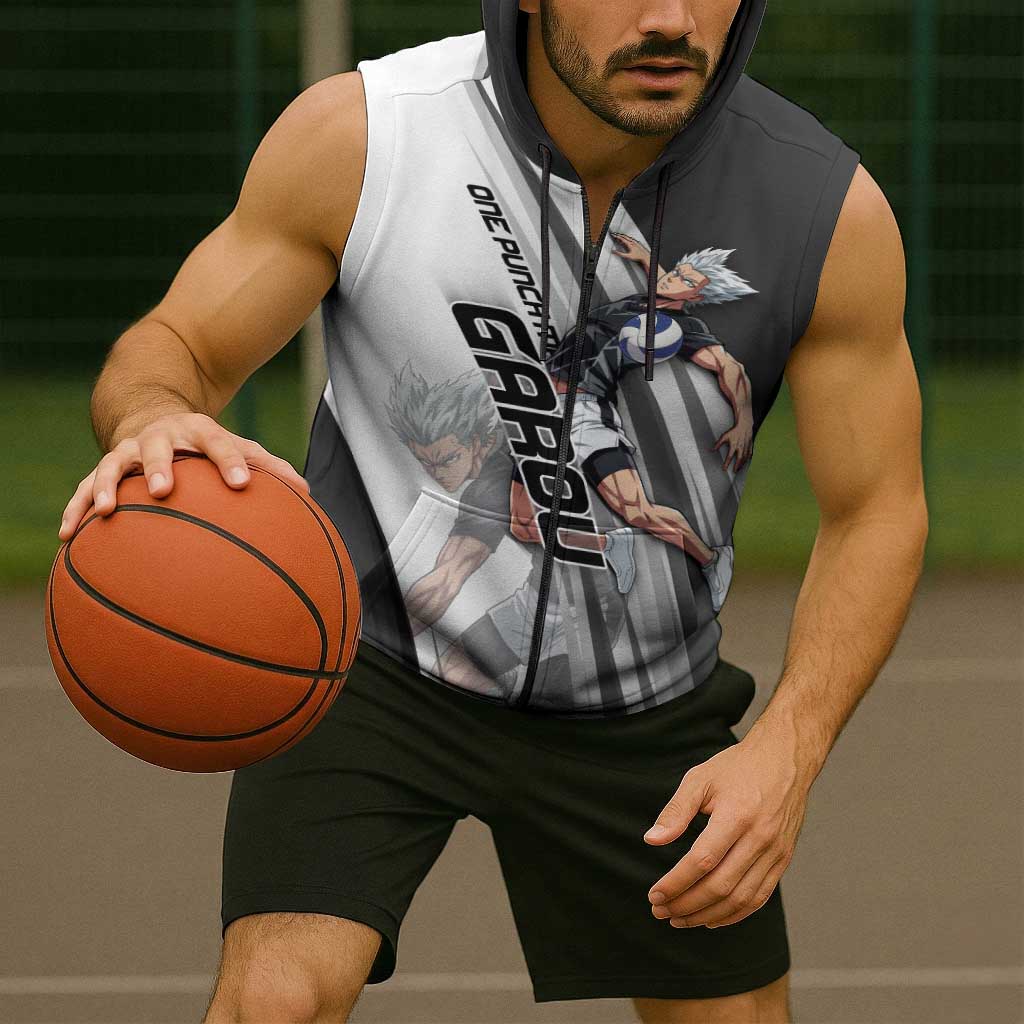 Personalized Garou Volleyball Action Design Sleeveless Zip Hoodie with Monochrome Stripes and Dynamic Pose