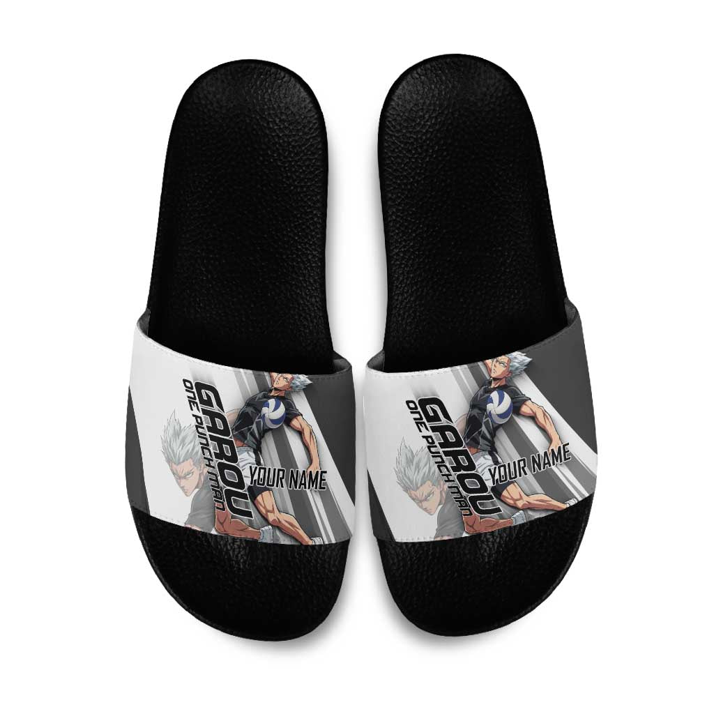 Personalized Garou Volleyball Action Design Slide Sandals with Monochrome Stripes and Dynamic Pose