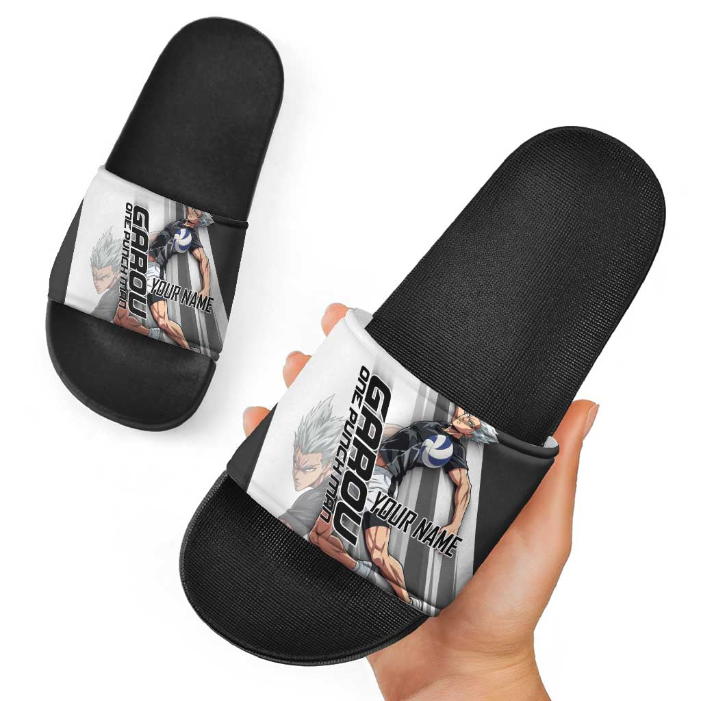 Personalized Garou Volleyball Action Design Slide Sandals with Monochrome Stripes and Dynamic Pose