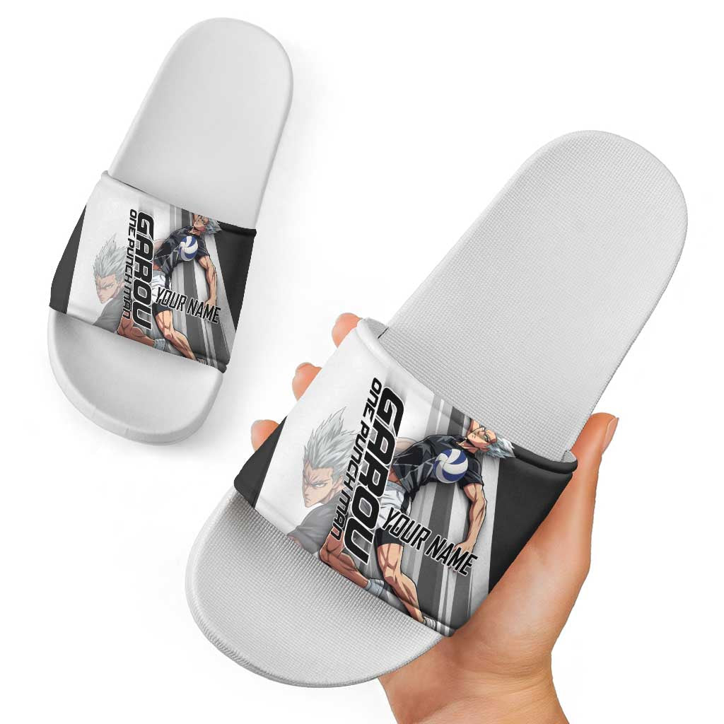 Personalized Garou Volleyball Action Design Slide Sandals with Monochrome Stripes and Dynamic Pose