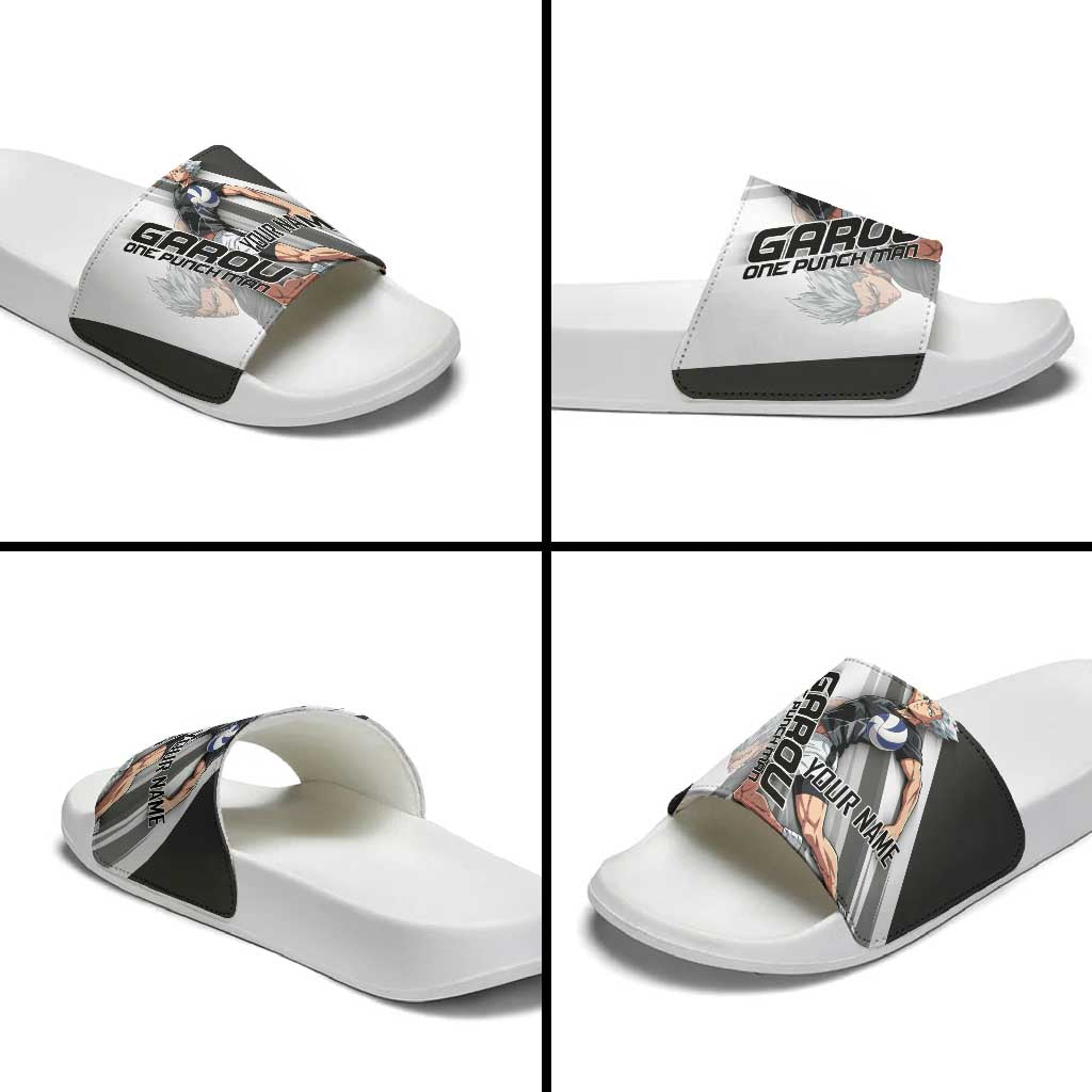 Personalized Garou Volleyball Action Design Slide Sandals with Monochrome Stripes and Dynamic Pose
