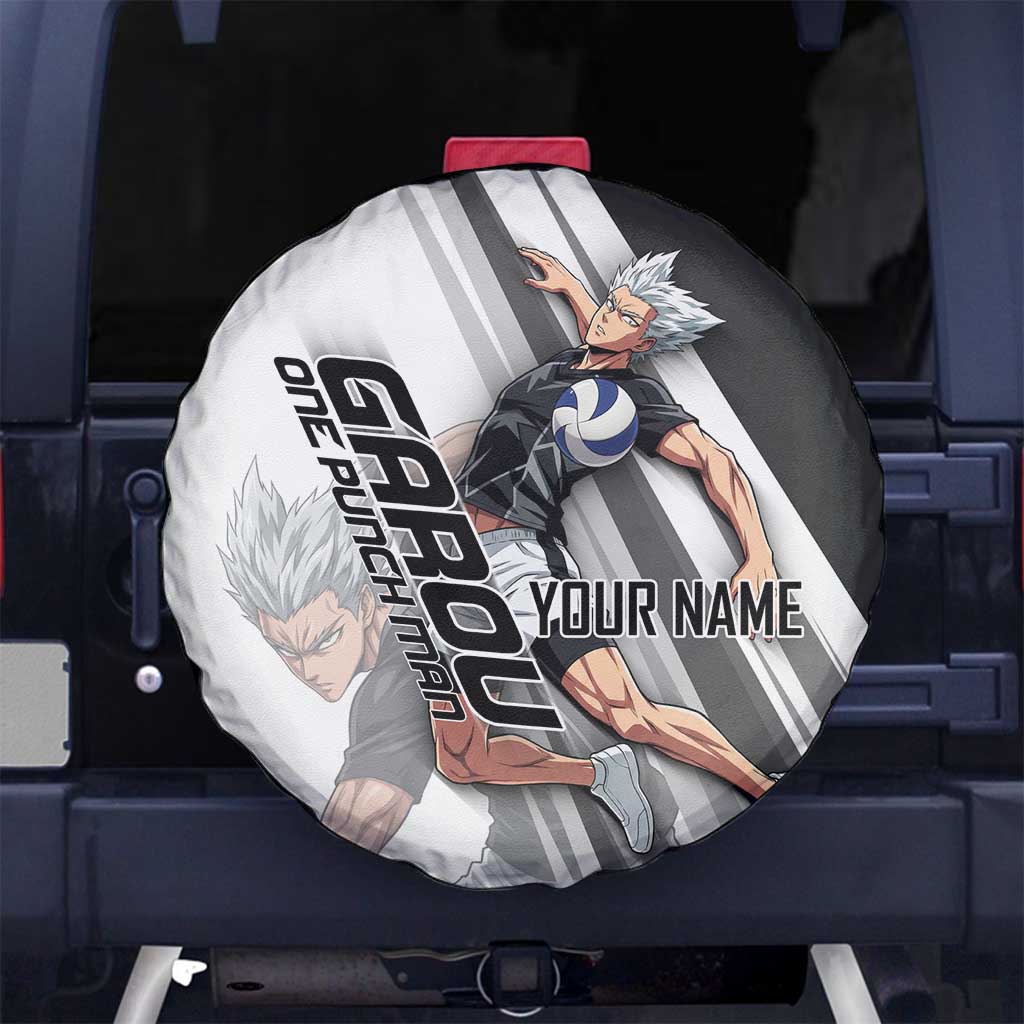 Personalized Garou Volleyball Action Design Spare Tire Cover with Monochrome Stripes and Dynamic Pose