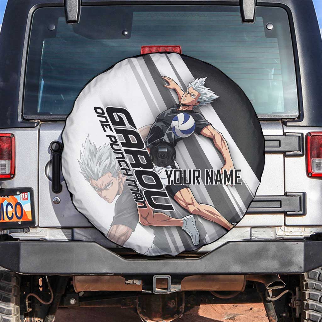 Personalized Garou Volleyball Action Design Spare Tire Cover with Monochrome Stripes and Dynamic Pose