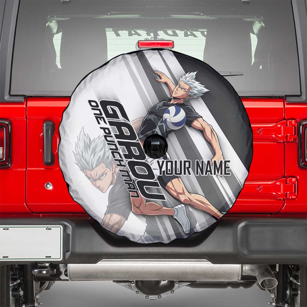 Personalized Garou Volleyball Action Design Spare Tire Cover with Monochrome Stripes and Dynamic Pose