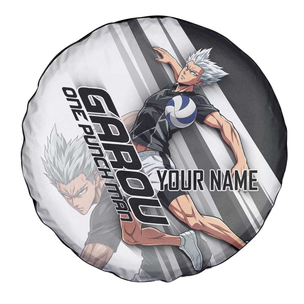 Personalized Garou Volleyball Action Design Spare Tire Cover with Monochrome Stripes and Dynamic Pose