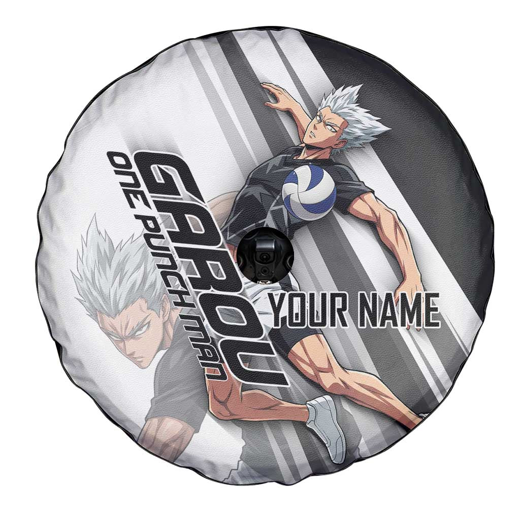 Personalized Garou Volleyball Action Design Spare Tire Cover with Monochrome Stripes and Dynamic Pose