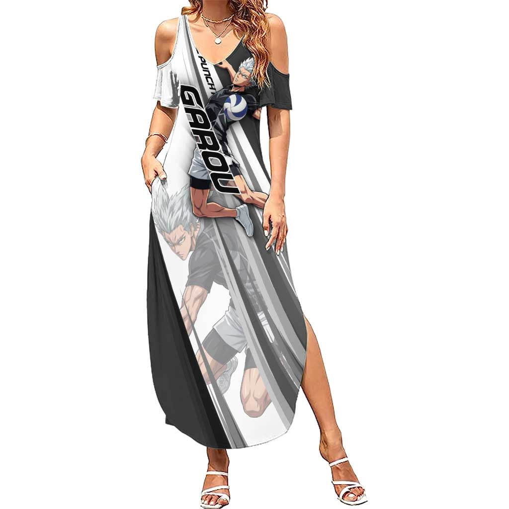 Personalized Garou Volleyball Action Design Summer Maxi Dress with Monochrome Stripes and Dynamic Pose