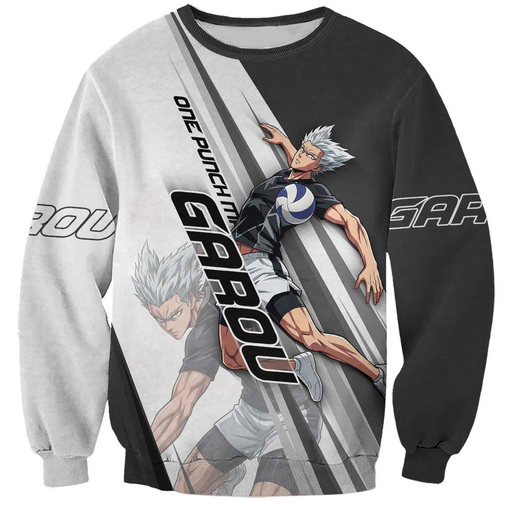 Personalized Garou Volleyball Action Design Sweatshirt with Monochrome Stripes and Dynamic Pose