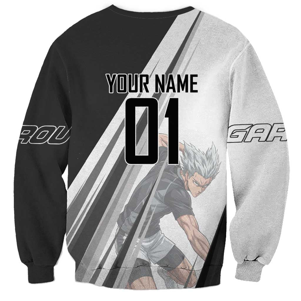 Personalized Garou Volleyball Action Design Sweatshirt with Monochrome Stripes and Dynamic Pose