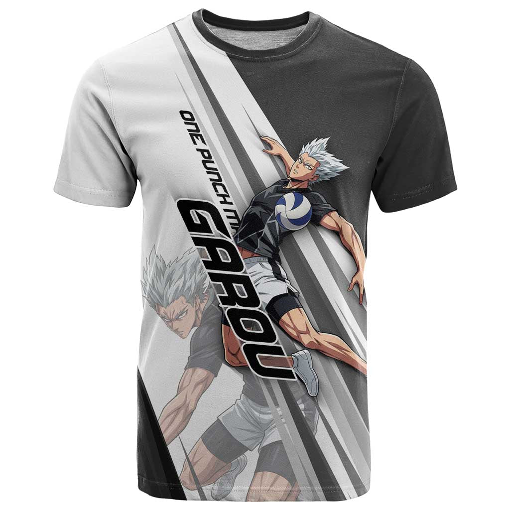 Personalized Garou Volleyball Action Design T Shirt with Monochrome Stripes and Dynamic Pose