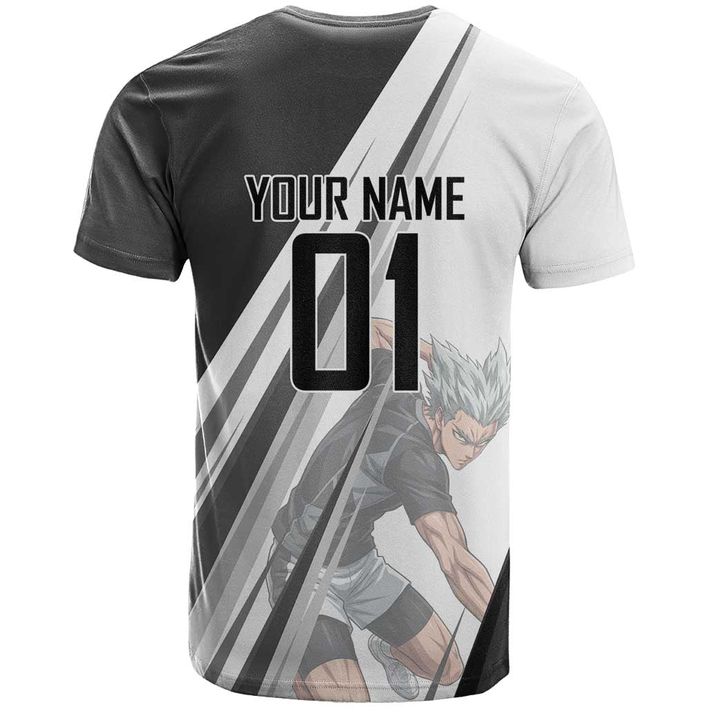 Personalized Garou Volleyball Action Design T Shirt with Monochrome Stripes and Dynamic Pose
