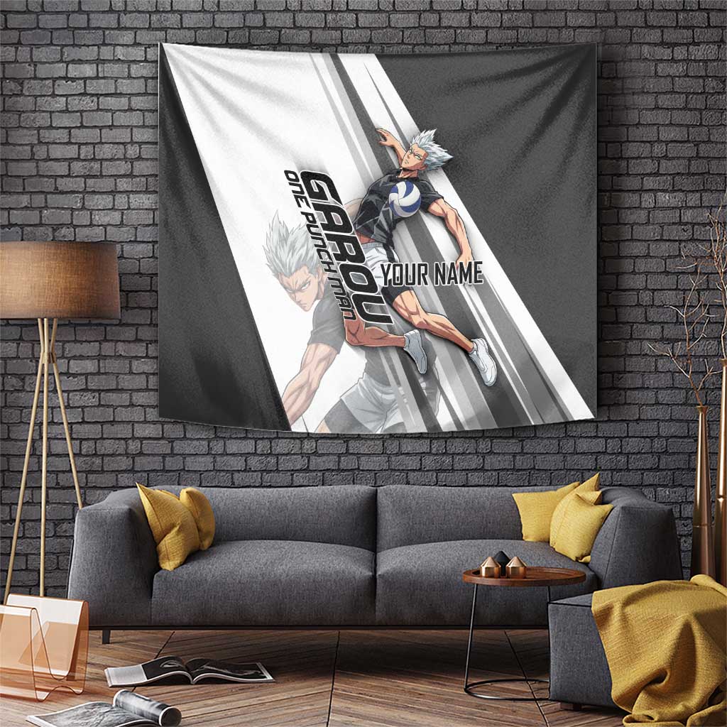 Personalized Garou Volleyball Action Design Tapestry with Monochrome Stripes and Dynamic Pose