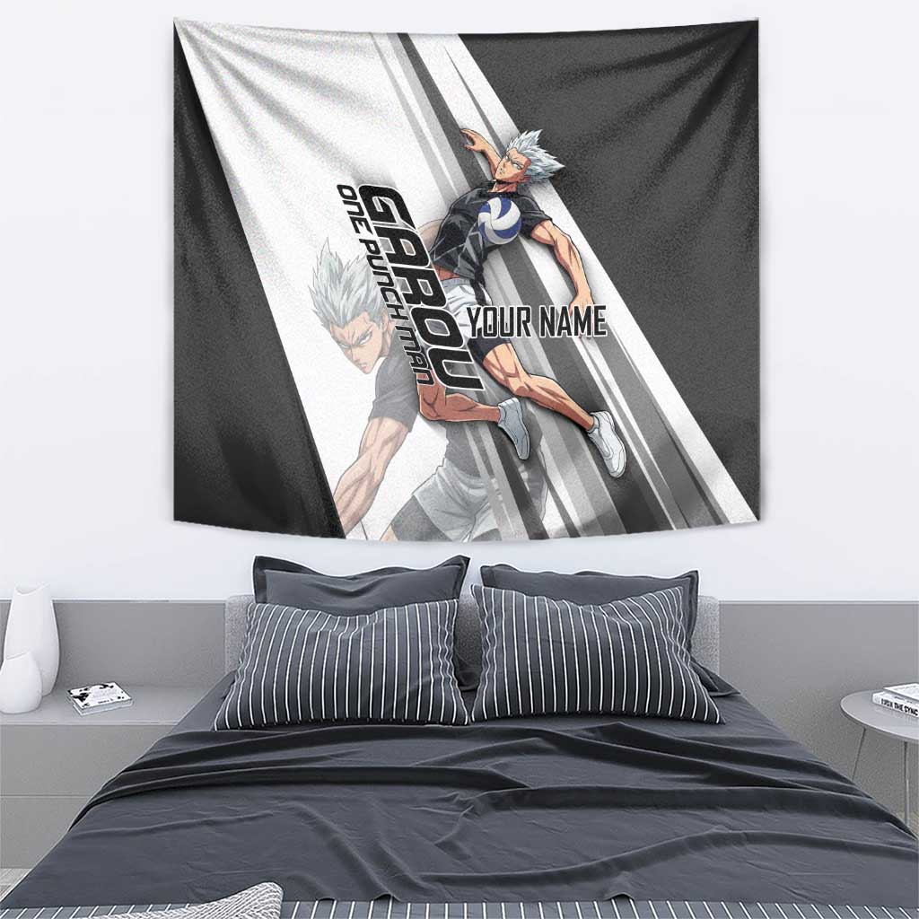 Personalized Garou Volleyball Action Design Tapestry with Monochrome Stripes and Dynamic Pose