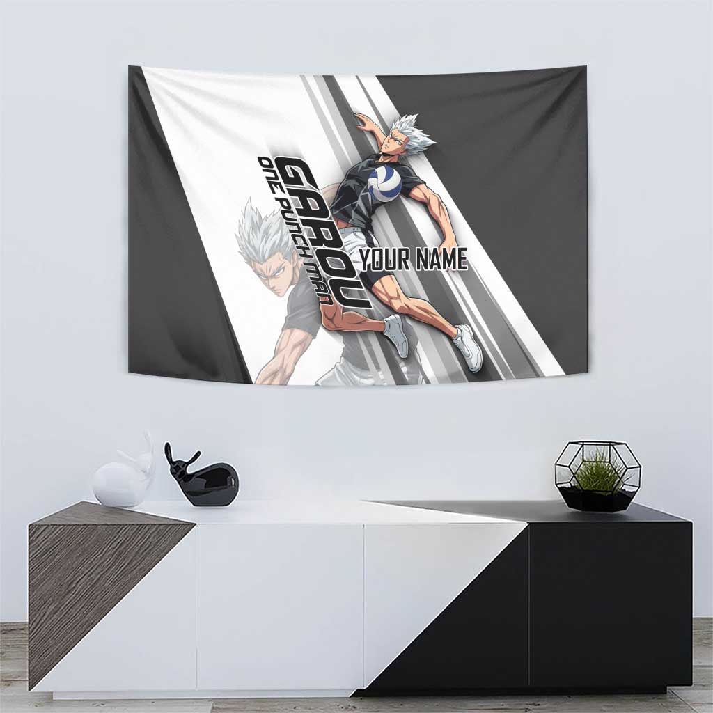 Personalized Garou Volleyball Action Design Tapestry with Monochrome Stripes and Dynamic Pose