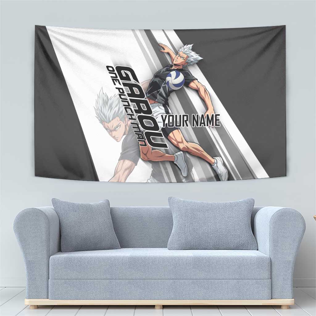 Personalized Garou Volleyball Action Design Tapestry with Monochrome Stripes and Dynamic Pose