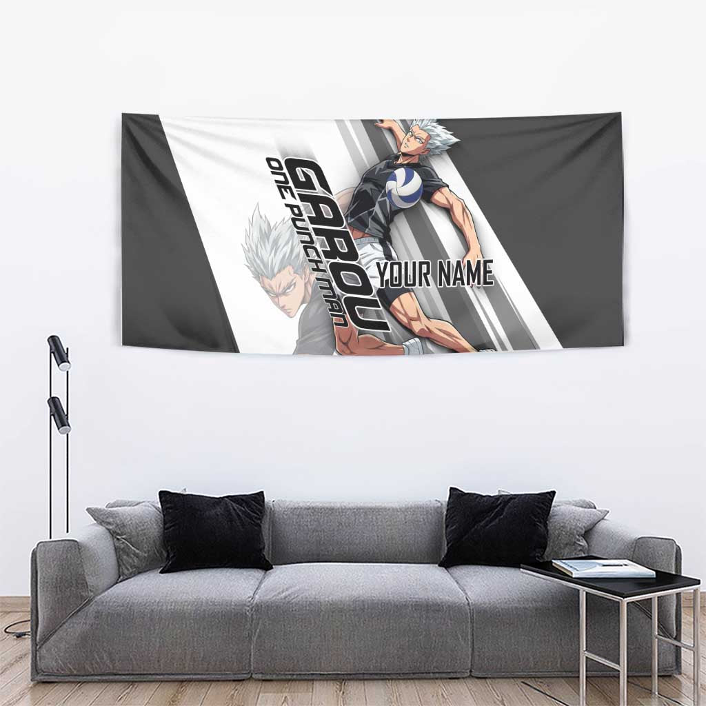 Personalized Garou Volleyball Action Design Tapestry with Monochrome Stripes and Dynamic Pose