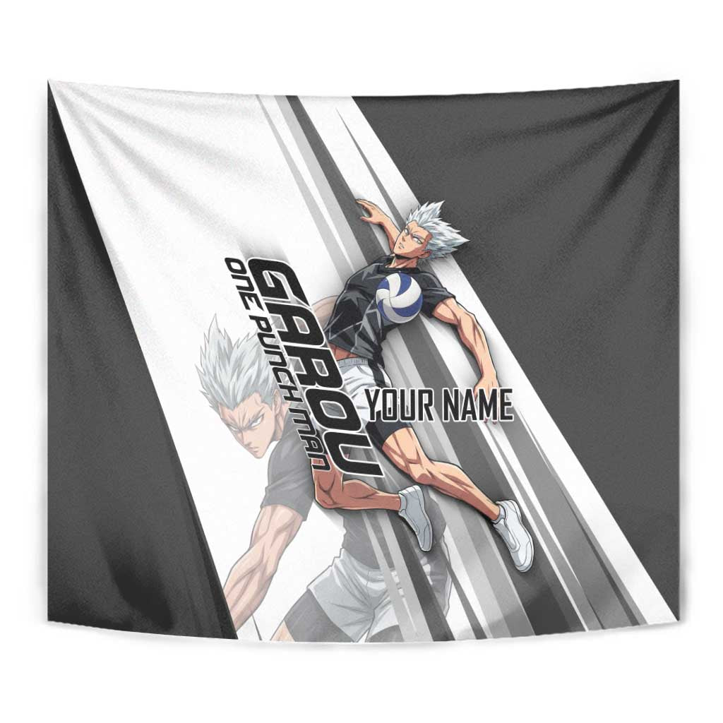 Personalized Garou Volleyball Action Design Tapestry with Monochrome Stripes and Dynamic Pose
