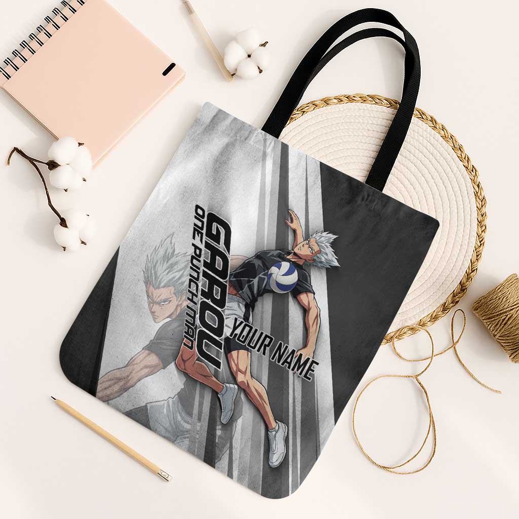 Personalized Garou Volleyball Action Design Tote Bag with Monochrome Stripes and Dynamic Pose