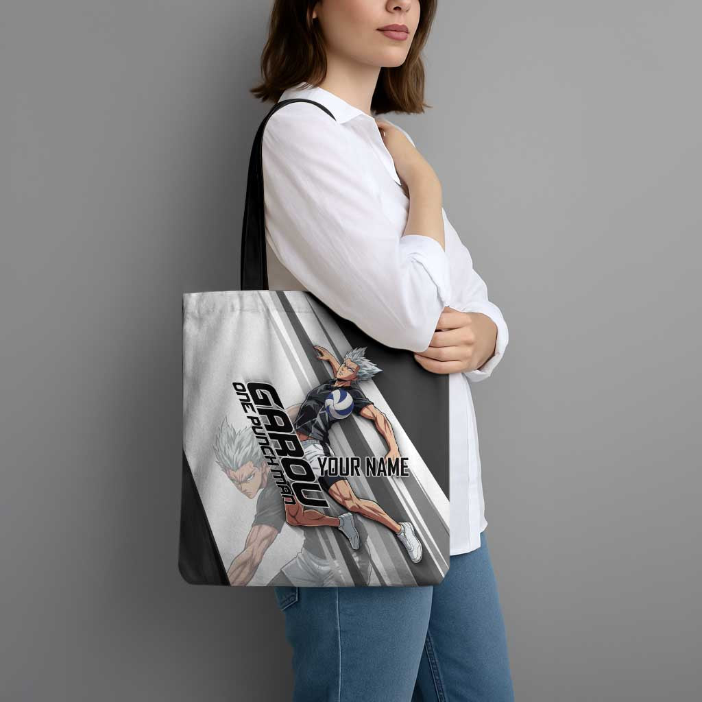 Personalized Garou Volleyball Action Design Tote Bag with Monochrome Stripes and Dynamic Pose