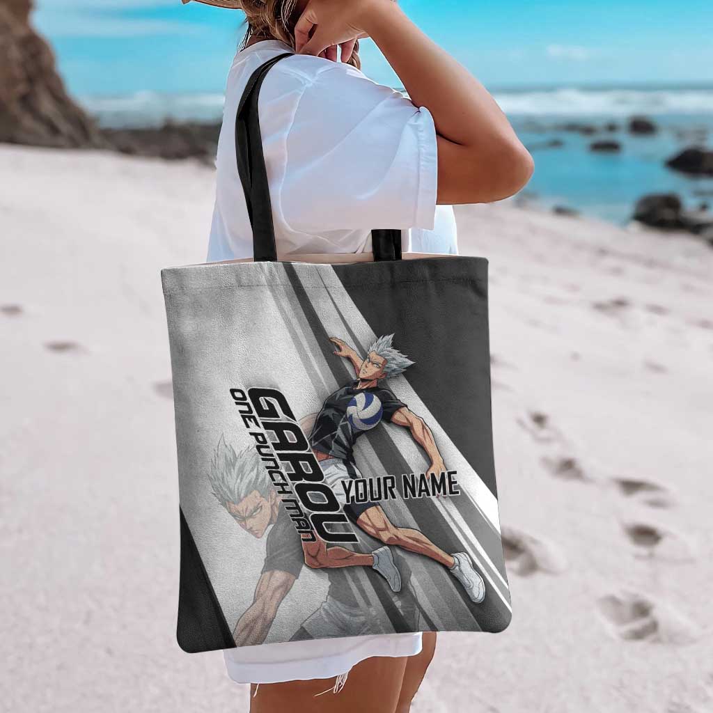 Personalized Garou Volleyball Action Design Tote Bag with Monochrome Stripes and Dynamic Pose