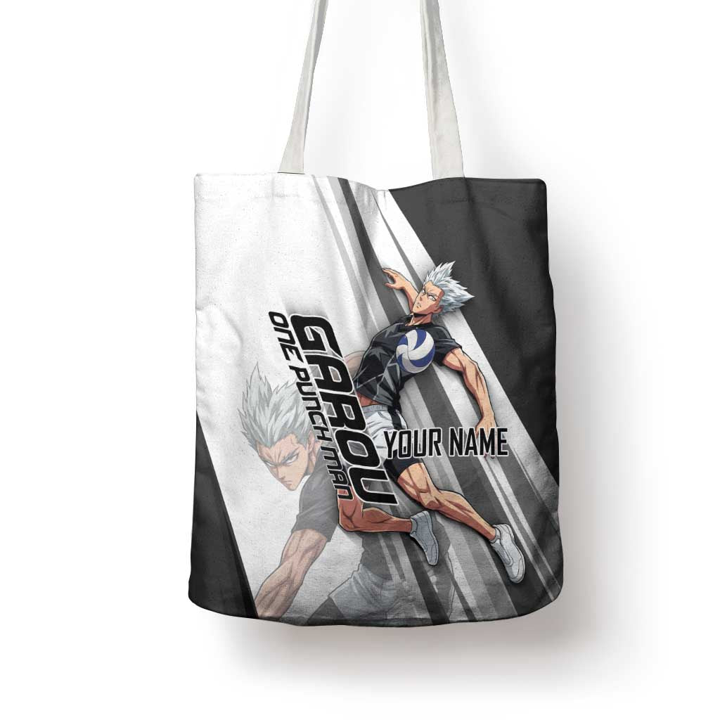 Personalized Garou Volleyball Action Design Tote Bag with Monochrome Stripes and Dynamic Pose