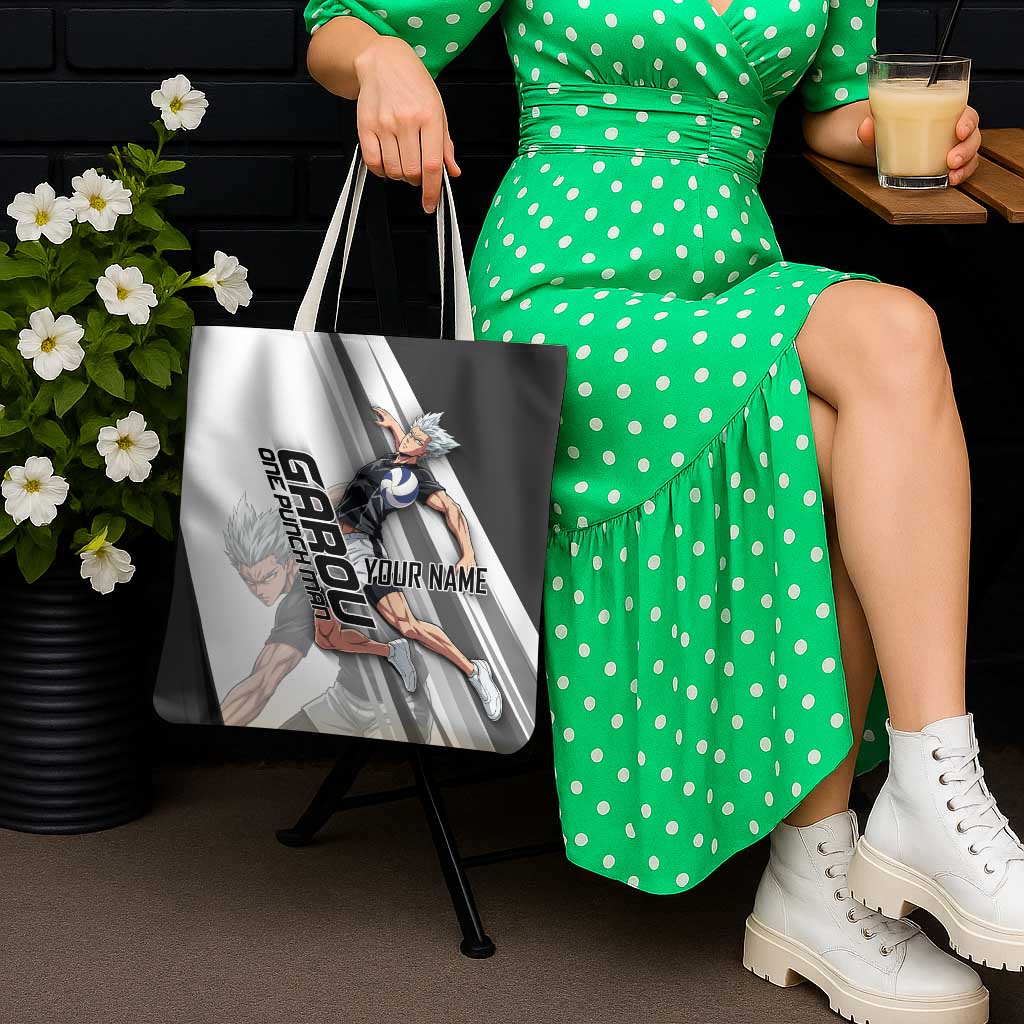 Personalized Garou Volleyball Action Design Tote Bag with Monochrome Stripes and Dynamic Pose