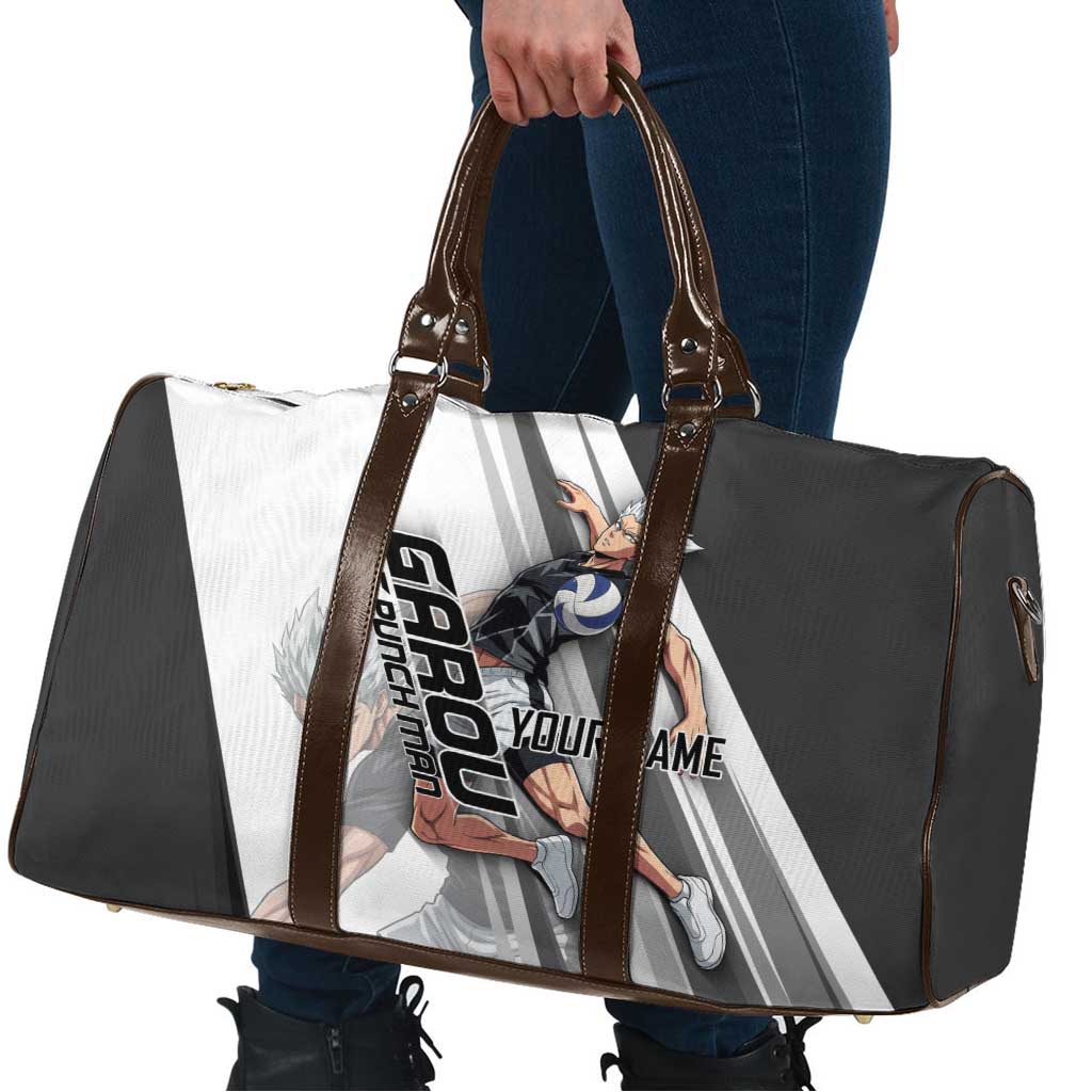 Personalized Garou Volleyball Action Design Travel Bag with Monochrome Stripes and Dynamic Pose