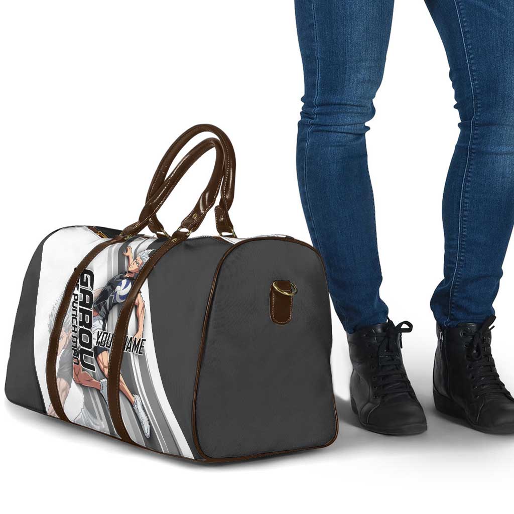 Personalized Garou Volleyball Action Design Travel Bag with Monochrome Stripes and Dynamic Pose