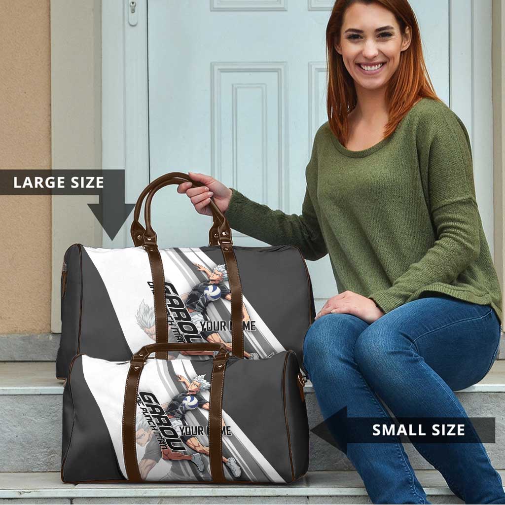 Personalized Garou Volleyball Action Design Travel Bag with Monochrome Stripes and Dynamic Pose
