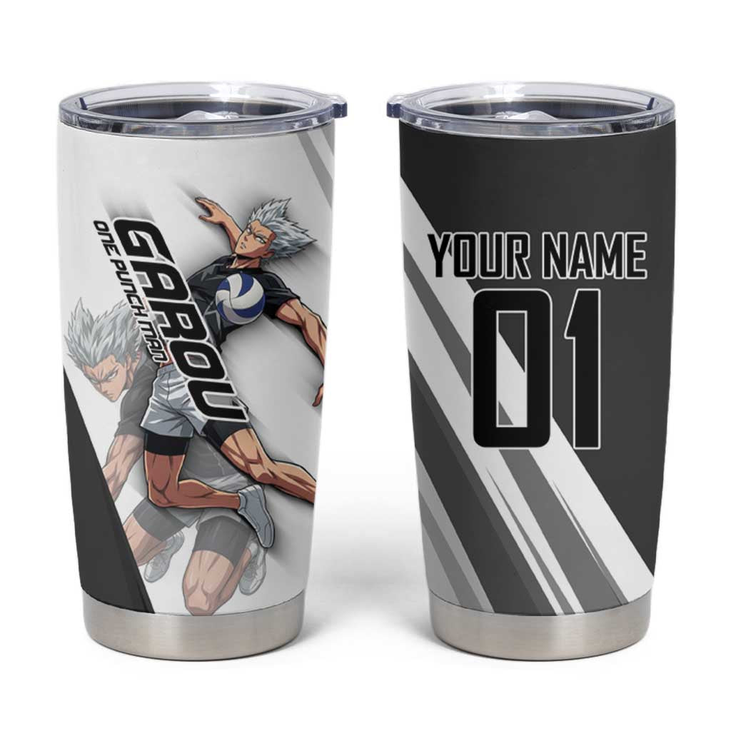 Personalized Garou Volleyball Action Design Tumbler Cup with Monochrome Stripes and Dynamic Pose